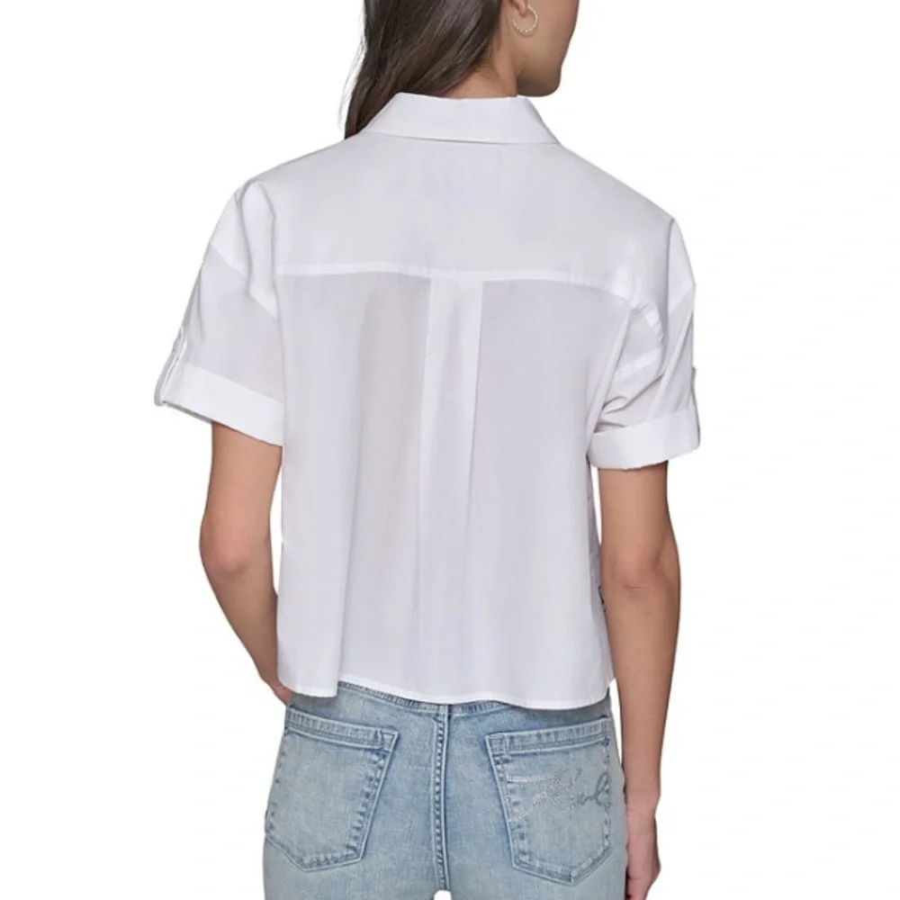 KARL LAGERFELD PARIS Cotton Crop Paris Scene Button-Front Top - Picture 5 of 10